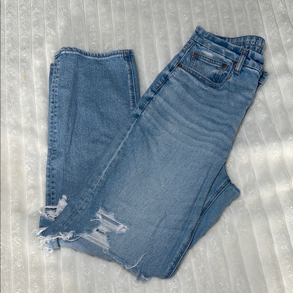 American Eagle Outfitters Blue Straight Leg Jeans with Distressed Details